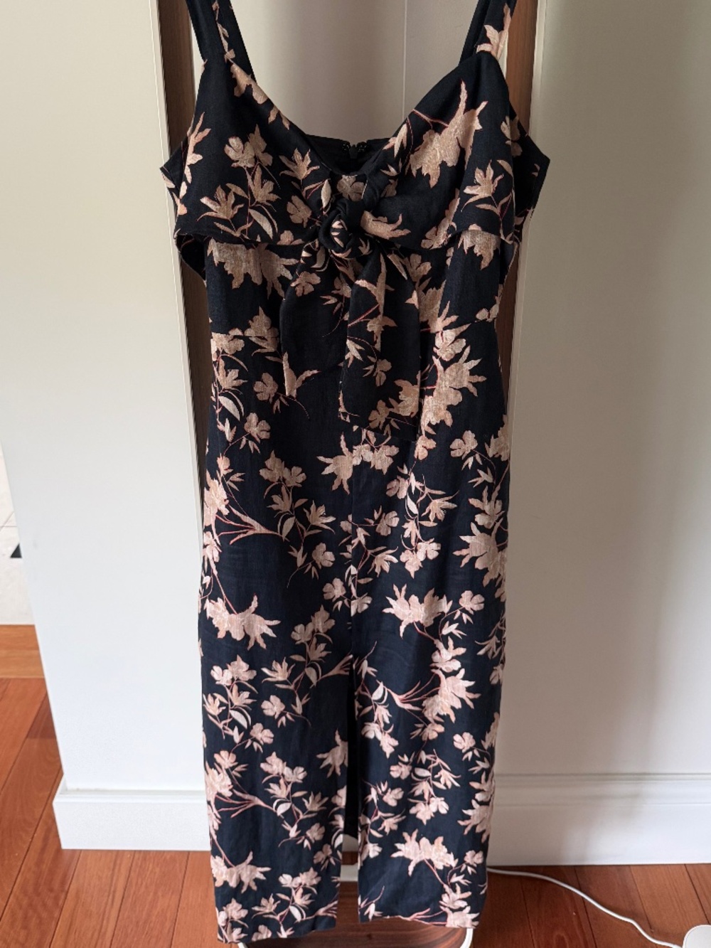 Reiss Black & Blush Floral Linen Blend Midi Dress Front Slit Size 2